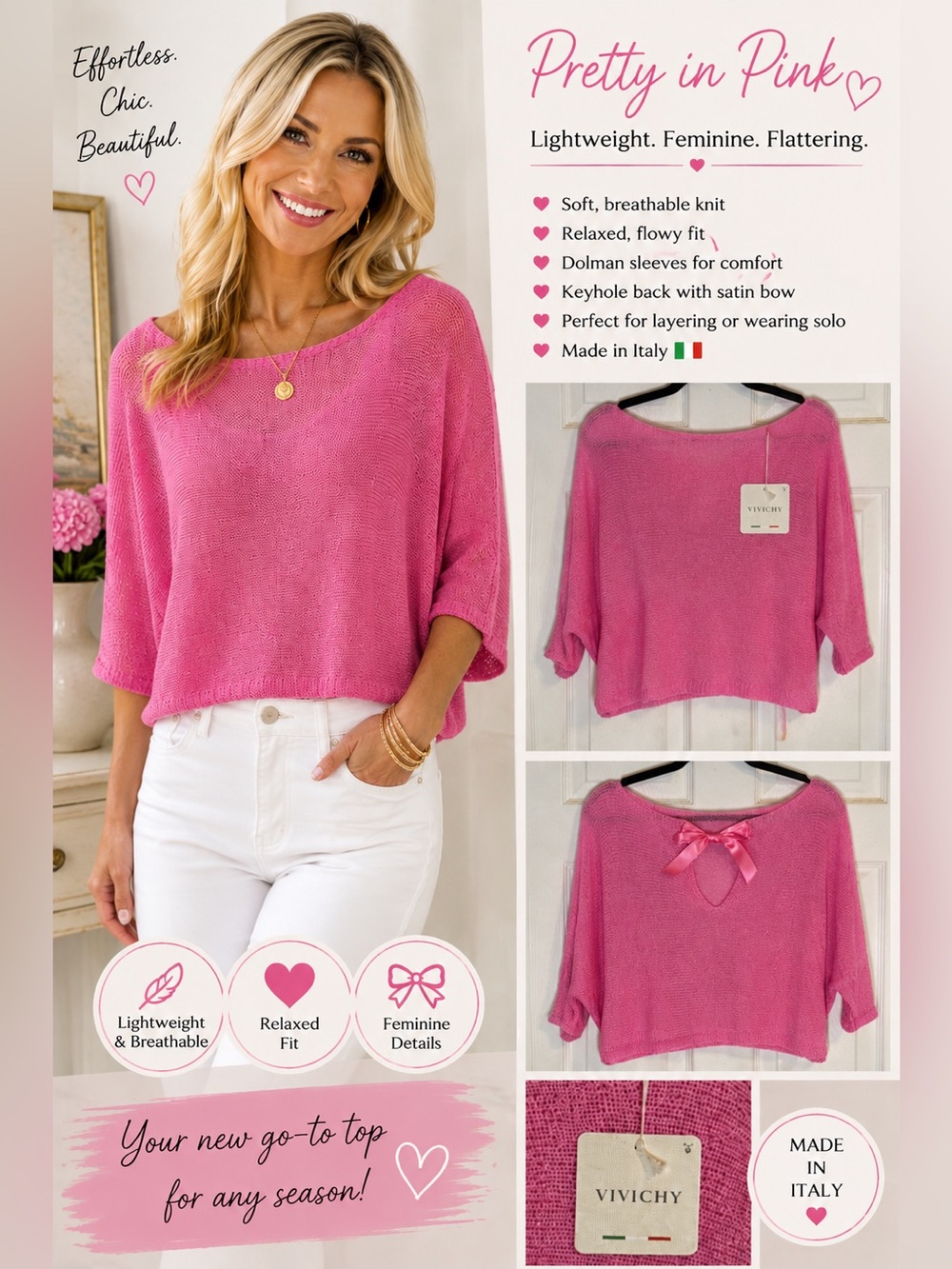 VIVICHY Pink Knit Sweater with Bow Detail